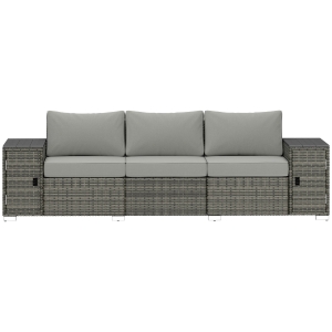 Outsunny 3 Seater Wicker Outdoor Couch Patio Sofa with Storage, Thickened Cushions and Wide Armrests for Porch Yard, Gray