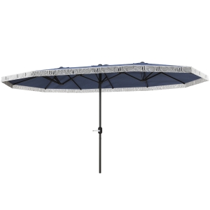 Outsunny 15ft Rectangle Patio Umbrella UPF30+ Extra Large Outdoor Umbrella with Fringe and Crank Handle, Dark Blue