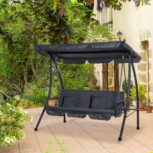 Outsunny Patio Swing Chair, 3 Person Convertible Hammock, Outdoor Swing Lounge Bed, Cushioned with Tilt Canopy, Dark Grey