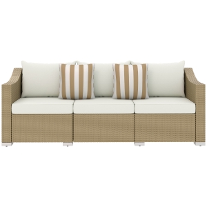Outsunny Rattan Wicker 3 Seater Patio Couch with Cushions, 2 Throw Pillows, Outdoor Furniture Rattan Sofa, Cream White