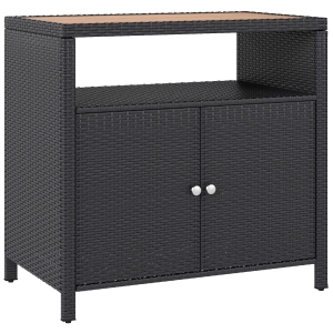 Outsunny Outdoor Storage Cabinet with Acacia Wood Top, Two Doors, Shelf, Wicker Bar Table for Pool Towel Storage, Black
