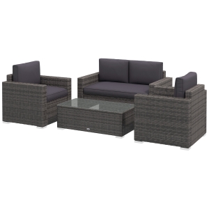 Outsunny 4 Pieces Rattan Sofa Set Wicker Patio Sofa Set with Loveseat Chairs Glass Top Coffee Table for Garden Outdoor Gray