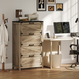 HOMCOM 4 Drawer Filing Cabinet, Farmhouse Office Storage Cabinet with Adjustable Hanging Bars for Letter, A4, Legal Size, Grey