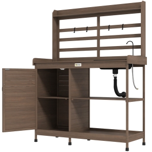 Outsunny Wooden Potting Bench with Storage, Sink, Water Tap for Backyard, Patio, Balcony, Dark Brown