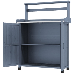 Outsunny Outdoor Wooden Potting Bench with Storage Cabinet, Shelves, Galvanized Plated Tabletop for Backyard, Balcony, Gray