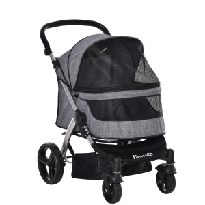 PawHut Pet Stroller Foldable Dog Cat Travel Carriage with Adjustable Handlebar PVC Wheel Brake Storage Bag Mesh Window Safety Leash Aluminum Grey