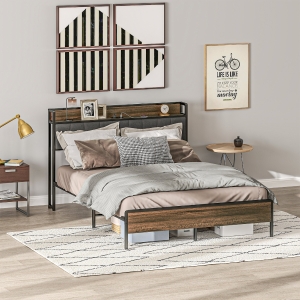 HOMCOM Full Size Bed Frame with Charging Station, Full Bed Frame with Upholstered Headboard and Storage Shelf, Walnut