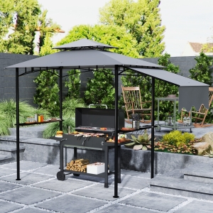 Outsunny 8' x 5' Grill Gazebo, Double Tiered Barbecue Grill Gazebo Shelter with Side Awning, 2 Side Shelves, 6 Hooks, Light Grey