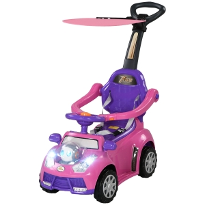 Qaba 3 in 1 Push Car Sliding Car with Removable Handle, Music, Horn, Canopy, Safety Guardrail, Pink