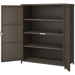 Outsunny Rattan Wicker Outdoor Storage Cabinet with 4 Shelves and 2 Doors for Garden Pool Towel Storage, Coffee