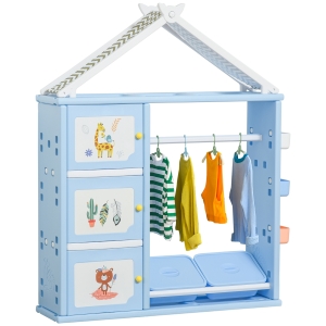 Qaba Kids Dress Up Storage, Multifunctional Kids Wardrobe Closet Hanging Rack Built for Kids Bedroom Storage, Featuring Bins, Cabinets, Top Shelf, and Drop-In Shelves, Blue