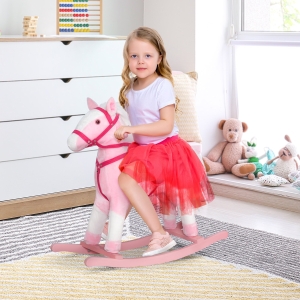 Qaba Rocking Horse Plush Pony Children Kid Ride on Toy w/ Realistic Sound (Light Pink)