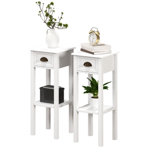HOMCOM 2-Tier Side Tables Set of 2 with Drawer and Shelf, 2 Pieces End Tables for Living Room and Hallway, White