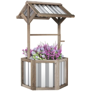 Outsunny Wooden Wishing Well Planter, Raised Garden Bed with Galvanized Canopy, Hexagon Raised Flower Bed for Garden, Light Gray