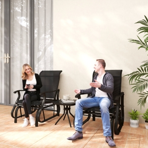 Outsunny 3PCs Gliding Rocking Chair & Bistro Tea Table Set, Black