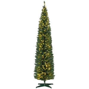 HOMCOM 8ft Pencil Christmas Tree, Slim Artificial Christmas Tree with Realistic Branches and Warm White LED Lights, Green
