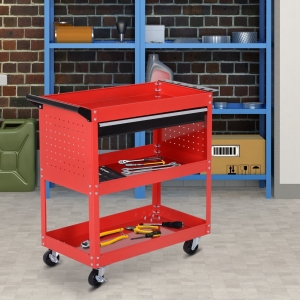 HOMCOM Tool Cart on Wheels, Utility Cart with Wheels, Ball Bearing Drawer, Storage Trays for Garage, Warehouse, Workshop, Red