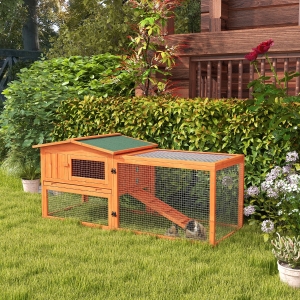 PawHut Wooden Rabbit Hutch Guinea Pig House with Removable Tray, Openable Roof, Trough, Run for Tortoises and Ferrets, Orange