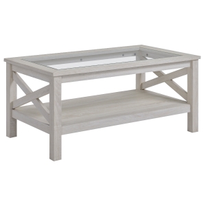 HOMCOM Coffee Table with Tempered Glass Tabletop, Living Room Table with Wood Frame and Underneath Storage Shelf, White Oak
