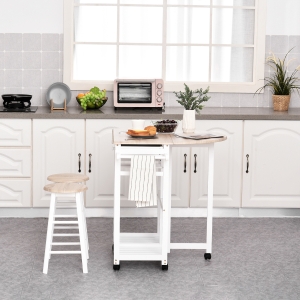 HOMCOM Kitchen Trolley 3 Piece Kitchen Cart Set Drop Leaf Breakfast Table and 2 Stools w/ Rolling Wheels & Towel Bars, Wood & White