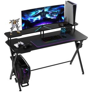HOMCOM 55 inch Gaming Desk Racing Style Computer Office PC Gamer Workstation with Elevated Monitor Stand, Headphone Hook, Black