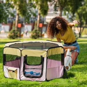 PawHut 49-inch Large Exercise Puppy Pet Playpen Portable Dog Cat Pet Play Pen Pet Cage Tent Kennel Crate Pink Carry Bag Included