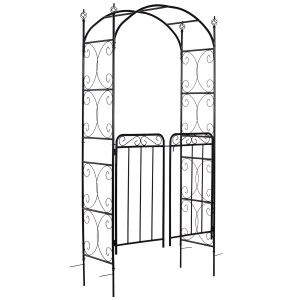 Outsunny 84" Garden Arch Arbor with Gate, Metal Arch Trellis, Garden Archway for Climbing Vines, Wedding Ceremony Decoration, Flourishes & Arrow Tips, Black