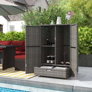 Outsunny Wicker Outdoor Storage Cabinet, 2-Door Rattan Pool Towel Storage Cabinet with Drawer & Removable Shelf, Dark Grey