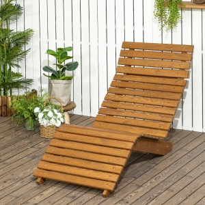 Outsunny Wooden Outdoor Lounge Chair, Curved Design Sun Lounger, Patio Lounge Chair for Garden, Backyard, Teak