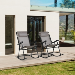 Outsunny 2pc Patio Foldable Rocking Chair Set w/ Breathable Mesh Seat & Backrest, Headrest for Park, Backyard, Garden, Grey