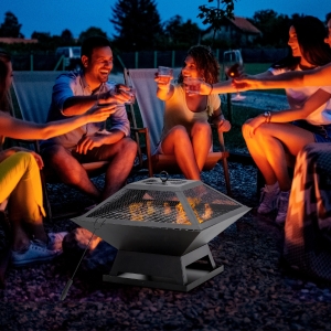 Outsunny 17.7" Wood Burning Portable Fire Pit, Outdoor Firepit with Cooking BBQ Grill, Spark Screen, Poker for Backyard, Black
