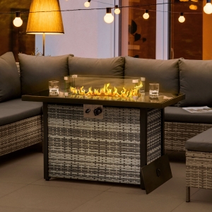 Outsunny Propane Fire Pit Table 43" Outdoor Fire Table, 50,000 BTU Pulse-Ignition Wicker Firepit Furniture with Glass Wind Guard, Blue Glass Rock, CSA Certification, Grey