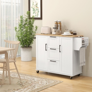 HOMCOM Rolling Kitchen Cart on Wheels with Drop Leaf, Kitchen Island with 3 Drawers, Solid Wood Top and Towel Rack, White