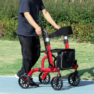HOMCOM Rollator Walker for Seniors and Adults with 8'' Wheels, Padded Seat and Backrest,  Storage Bag Red