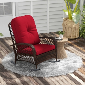 Outsunny Outdoor Wicker Rattan Rocking Chair Patio Rocker with Thick Cushions for Garden Backyard Porch, Red
