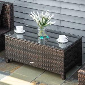 Outsunny Rattan Wicker Coffee Table with Glass Top Outdoor Garden Patio Furniture Brown Tempered