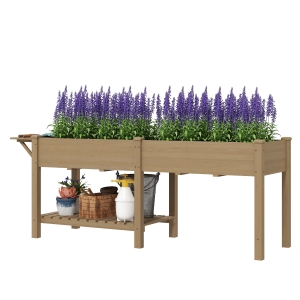 Outsunny Wood Raised Garden Box, Elevated Garden Bed with Side Table, Bottom Shelf, Bed Liners and Drainage Holes, Carbonized
