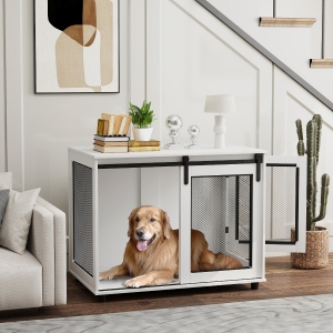 PawHut 39" Dog Crate Furniture with Sliding Barn Door, Furniture Style Dog Cage End Table for Large Dogs, White
