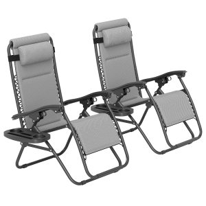 Outsunny Zero Gravity Lounge Chair Set, 2 Pieces Reclining Folding Outdoor Lounge Chairs with Headrest Side Tray, Light Gray