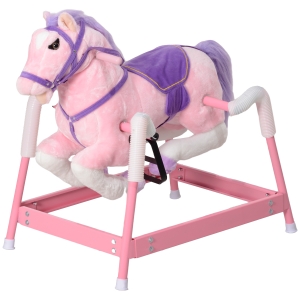 Qaba Spring Rocking Horse, Kids Ride on Horse, Plush Horse Ride-on w/ Sounds & Foot Stirrups for Kids 3-8 Years, Pink