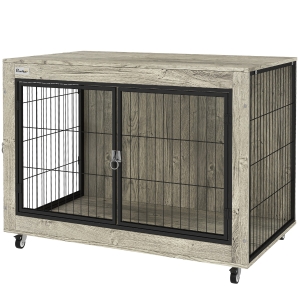 PawHut 39" Dog Crate Furniture End Side Table with Wheels, Interchangeable Side Door, for Large Dogs, Gray