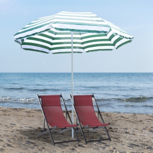 Outsunny 6FT Round Beach Umbrella with Tilt Mechanism, Outdoor UV Protection Sun Shaded Canopy with Push Button, Striped Green
