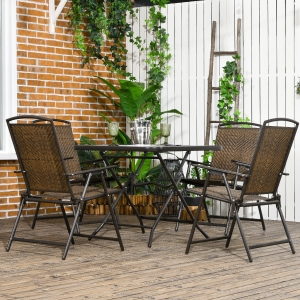 Outsunny 5 Pieces Folding Rattan Patio Table and Chairs for 4 with Umbrella Hole, Tempered Glass Top, Dark Brown