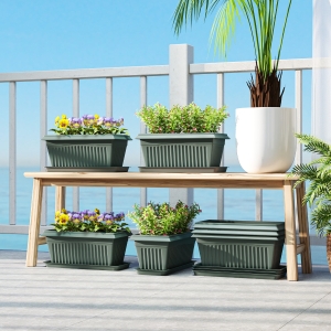 Outsunny 7 Pack 15.7" Plastic Flower Planters with Drainage Holes and Trays, Plant Pots for Indoor Outdoor Plants, Green