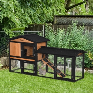 PawHut 69" Wooden Rabbit Hutch Pet Playpen Bunny House Enclosure with Run Box, Slide-out Tray, Ramp, for Rabbits and Small Animals, Black