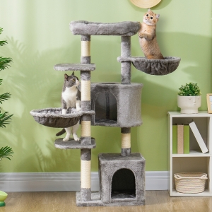 PawHut 52.5" Cat Tree Tower with Scratching Posts, Cat Condos, Bed, Platforms, Hammocks, for Indoor Cats, Grey