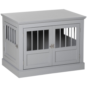 PawHut Wooden Dog Crate End Table, Dog Crate Furniture with Triple Doors, Puppy Crate for Small Dogs Indoor Use, Dark Gray