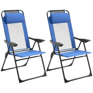 Outsunny Folding Patio Dining Chairs Set of 2, Outdoor Deck Chair with Removable Headrest, Camping Chair with Adjustable Sling Back for Garden, Backyard, Lawn, Blue