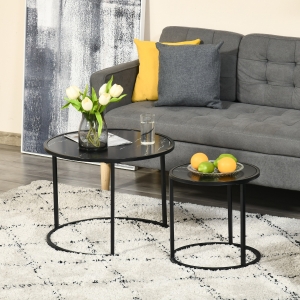 HOMCOM Round Nesting Coffee Table Set of 2, Stacking Modern Accent Tables with Faux Marble Tabletop and Metal Frame for Living Room, Black
