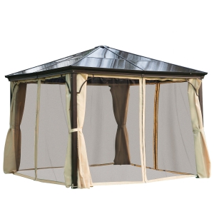 Outsunny 10' x 10' Hardtop Gazebo Canopy with Polycarbonate Roof, Aluminum Frame, Permanent Pavilion Outdoor Gazebo with Netting, for Patio, Garden, Backyard, Deck, Lawn, Black, Beige